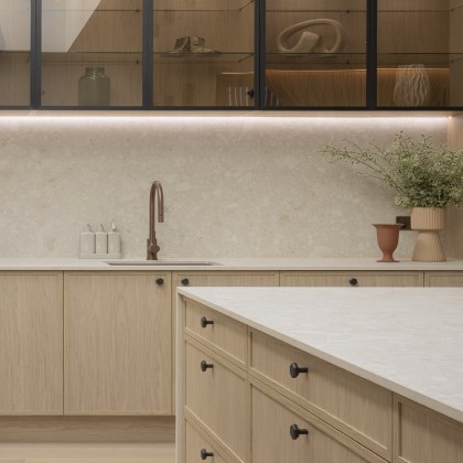 House 1 kitchen on The Block 2026, in Vista Door Design with Ecru Oak Woodmatt