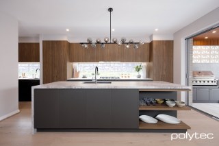polytec KITCHEN - Island Front in Cinder Venette, Cabinetry in Notaio Walnut Woodmatt.