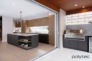 polytec ALFRESCO - Cabinetry in Notaio Walnut Woodmatt, Island Front in Cinder Venette, Alfresco in Cinder Matt,  with 2mm/55mm Black Anodised Profile.