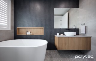 polytec BATHROOM - Vanity and Open Shelf in Prime Oak Woodmatt.