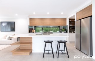 Polytec - Cabinetry in Tasmanian Oak Woodmatt,  and Crisp White Legato.