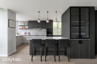 polytec KITCHEN - Doors and panels in Sussex,  with Bottega Oak Woodmatt,  and Oyster Grey Smooth, Aluminium framed doors in Brushed Aluminium Metallic,  with Fluted Glass Insert, Island bench in 17mm x 34mm Half Round,  with Empire Oak Woodmatt.