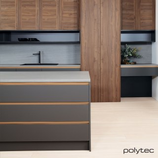 polytec KITCHEN - Avellino doors in Notaio Walnut Woodmatt, Benchtop in Tunisia Stone Matera, Drawer rails in Bronze Gold Leaf Matt, Doors in Cinder Venette,  with Bevel Edge.