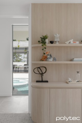 polytec STUDY & ENTERTAINMENT - Doors, panels and shelving in Soft Walnut Ravine.