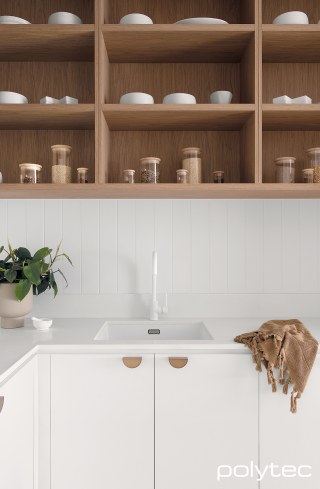 polytec KITCHEN - Doors in Blossom White Woodmatt, Shelving  in Boston Oak Woodmatt.