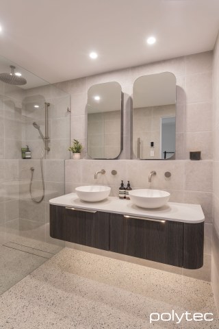 polytec BATHROOM - Vanity in Calcutta 10,  with Bottega Oak Woodmatt.