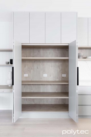 Polytec - Thermolaminated Doors & Panels in Manchester,  and Oyster Grey Matt, Cabinetry Internals in Angora Oak Woodmatt.