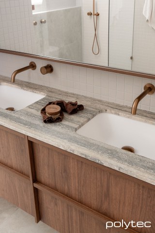 polytec BATHROOM - Vanity doors and panels in Florentine Walnut Woodmatt.