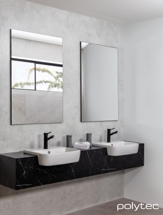 Polytec - Drop Front Vanity in Catalina Marble Smooth, 5mm Compact wall paneling in White Cement Smooth, Mirror Panels in Mirror Panel with Mirror Front.