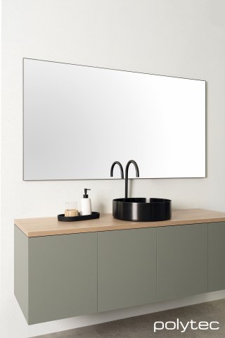 polytec BATHROOM - Vanity in Oasis Venette, 25mm Square Edge Benchtop in Prime Oak Woodmatt, Mirror Panel in 2mm/55mm Black Anodised Profile,  with Mirror glass insert.