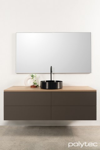 polytec BATHROOM - Vanity in Arabica Venette, 25mm Square Edge Benchtop in Prime Oak Woodmatt, Mirror Panel in 2mm/55mm Black Anodised Profile,  with Mirror glass insert.