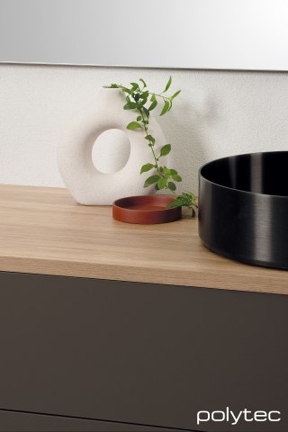 polytec BATHROOM - Vanity  in Arabica Venette, 25mm Square Edge Benchtop in Prime Oak Woodmatt, Mirror Panel in 2mm/55mm Black Anodised Profile,  with Mirror glass insert.