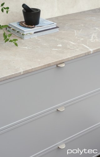 polytec KITCHEN - Thermolaminated doors & panels in Sussex,  and Elemental Grey Smooth, Splashback in White Cement Smooth, 21mm Tightform Benchtop	 in Provincial Limestone Smooth.