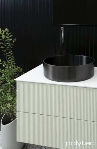 polytec BATHROOM - Vanity in Calcutta 10,  and Verdelho Smooth, Benchtop in Solid White Smooth, Mirror Panel in 2mm/55mm Black Anodised Profile,  and Smokey Mirror glass insert.