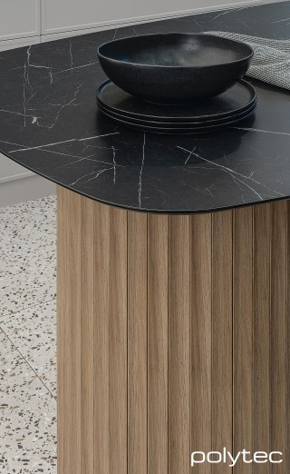 polytec KITCHEN - Tabletop  in Catalina Marble Smooth, Steccawood in 17mm x 34mm Cove profile in Prime Oak Woodmatt.