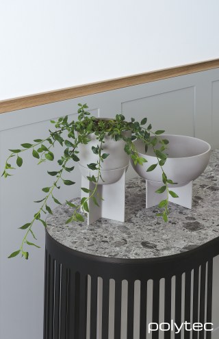 polytec THERMOLAMINATED - Wall Panelling in Hampton,  and Pallido Smooth, Steccawood in Cove profile in Prime Oak Woodmatt, Benchtop  in Vesuvius Ceppo Smooth.