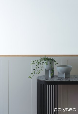 polytec THERMOLAMINATED - Wall Panelling in Hampton,  and Pallido Smooth, Steccawood in Cove profile in Prime Oak Woodmatt, Benchtop in Vesuvius Ceppo Smooth.