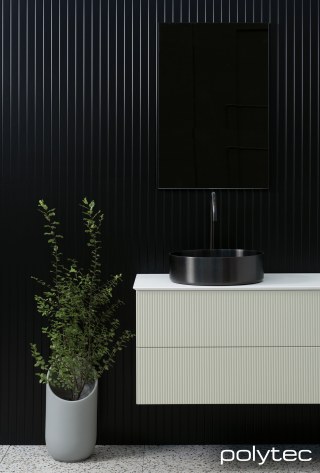 polytec BATHROOM - Vanity in Calcutta 10,  and Verdelho Smooth, Benchtop in Solid White Smooth, Mirror Panel in 2mm/55mm Black Anodised Profile,  with Smokey Mirror glass insert.