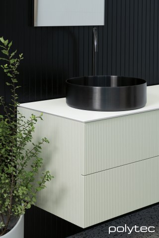 polytec BATHROOM - Vanity in Calcutta 10,  and Verdelho Smooth, Benchtop in Solid White Smooth, Mirror Panel in 2mm/55mm Black Anodised Profile,  and Smokey Mirror glass insert.