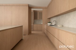 polytec KITCHEN - Doors and panels in Blonde Oak Woodmatt, Surano doors in Blonde Oak Woodmatt,  with Danish Rattan Woodmatt, Xenolith Benchtops and splashback in White Cement Smooth.