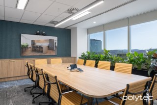 polytec COMMERCIAL & ARCHITECTURAL - Table and wall unit in Prime Oak Woodmatt.
