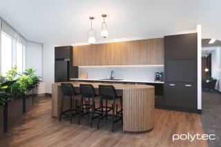 polytec KITCHEN - Island in 31mm x 62mm Half Round,  with Prime Oak Woodmatt, Overhead cupboard doors in Prime Oak Woodmatt, Doors and panels in Cinder Venette, Benchtop in Chambord Matt.