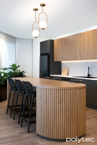 polytec STECCAWOOD - Island in 31mm x 62mm Half Round,  with Prime Oak Woodmatt, Overhead cupboard doors in Prime Oak Woodmatt, Doors and panels in Cinder Venette.