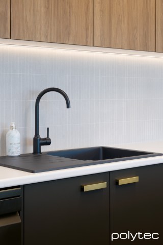 polytec VENETTE - Doors  in Cinder Venette, Overhead cupboards in Prime Oak Woodmatt, Benchtop in Chambord Matt.