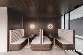 polytec COMMERCIAL & ARCHITECTURAL - Seating, table top, wall and ceiling panels in Cafe Oak Ravine.