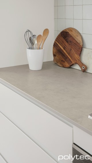 polytec XENOLITH - Benchtop in Grey Cement Smooth, Drawers in Blossom White Venette.