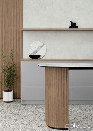 polytec KITCHEN - Island Benchtop in Calacutta Grey Smooth, Shelf in Ligurian Walnut Woodmatt, Splashback  in White Cement Smooth, Thermolaminated doors & panels in Sussex,  and Elemental Grey Smooth, Steccawood in 17mm x 34mm Cove profile	 in Prime Oak Woodmatt, 25mm Square Edge Benchtop in Prime Oak Woodmatt.