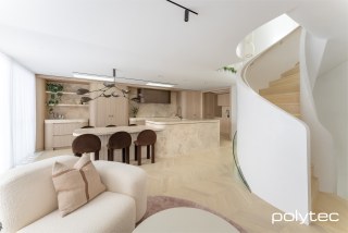 polytec KITCHEN - Doors in Sussex,  with Coastal Oak Woodmatt, Curved joinery in Coastal Oak Woodmatt.