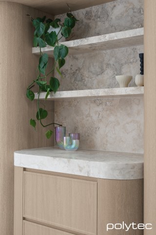 polytec KITCHEN - Doos in Sussex,  with Coastal Oak Woodmatt, Curved joinery in Coastal Oak Woodmatt.