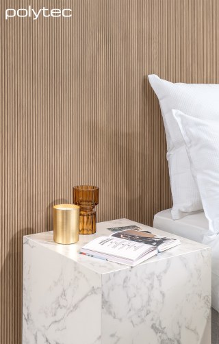 polytec WARDROBE - Wall lining in Batten Oak Woodmatt, Bedside table in Marmo di Monte Smooth.