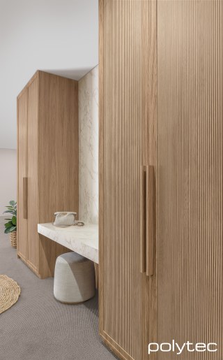 polytec WARDROBE - Wardrobe doors in Sussex,  with Prime Oak Woodmatt,  and Batten Oak Woodmatt, Wardrobe panels in Prime Oak Woodmatt, Drop front benchtop and wall lining in Marmo di Torre Smooth.