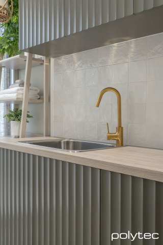 polytec LAUNDRY - Benchtop in Ligurian Walnut Woodmatt, Doors in Cove 50,  with Forage Smooth.