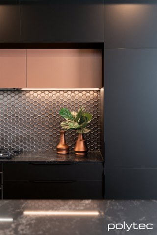polytec KITCHEN - Cabinetry in Black Venette, Feature Cabinetry in Copper Leaf Matt.