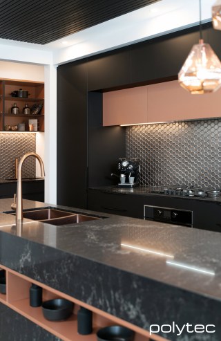 polytec KITCHEN - Feature Cabinetry in Copper Leaf Matt, Cabinetry in Black Venette.