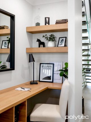 polytec STUDY & ENTERTAINMENT - Desk and Shelving in Tasmanian Oak Woodmatt.