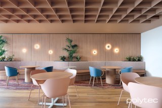 polytec COMMERCIAL & ARCHITECTURAL - Wall panels, seating and tables in Tasmanian Oak Woodmatt.