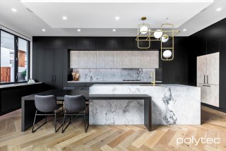 polytec KITCHEN - Doors and panels in Black Ultramatt,  and Angora Oak Woodmatt, Breakfast bar benchtop in Black Matt.