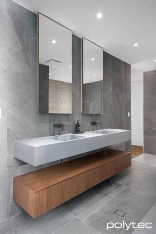 polytec BATHROOM - Vanity cabinetry in Florentine Walnut Woodmatt.