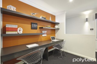 polytec STUDY & ENTERTAINMENT - Laminate shelving in Cavia Lini Matt, Melamine desktop and drawers in Cavia Lini Matt.