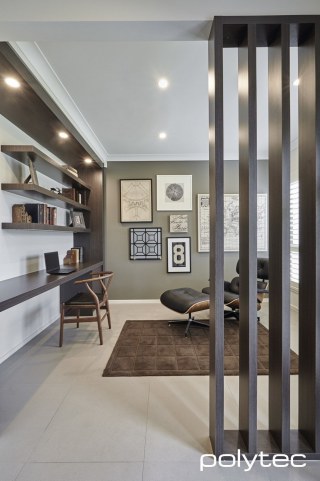 polytec STUDY & ENTERTAINMENT - Laminate shelving and divier in Belgian Oak Matt, Melamine desktop and drawers in Belgian Oak Matt.