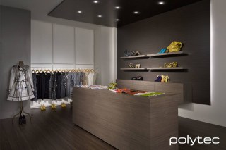 Polytec - Laminate counter, drawers and shelving in Artisan Oak Matt, Melamine wall and ceiling panels in Truffle Lini Matt, Melamine rear wall panels in Polar White Matt.