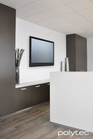 polytec COMMERCIAL & ARCHITECTURAL - Laminate benchtop in Polar White Matt, Melamine doors in Truffle Lini Matt.