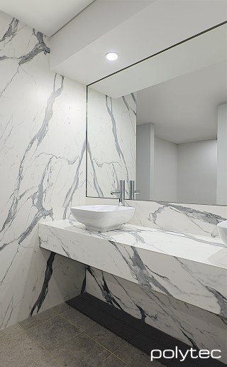 polytec COMPACT LAMINATE - Wall Panelling and Vanity in Calacutta Grey Smooth.
