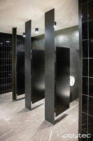 polytec COMPACT LAMINATE - Partitions in Athena Stone Smooth,  and Black Matt.