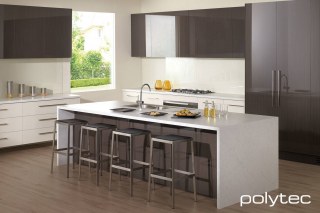 Polytec - Melamine drawers in Porcelain Sheen, Island Laminate benchtop in Carrara Matt, Rear Laminate benchtop in Snow Fabrini Matt.