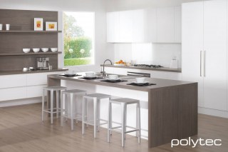 Polytec - Laminate benchtop in Artisan Oak Matt, Doors in Crisp White Legato.
